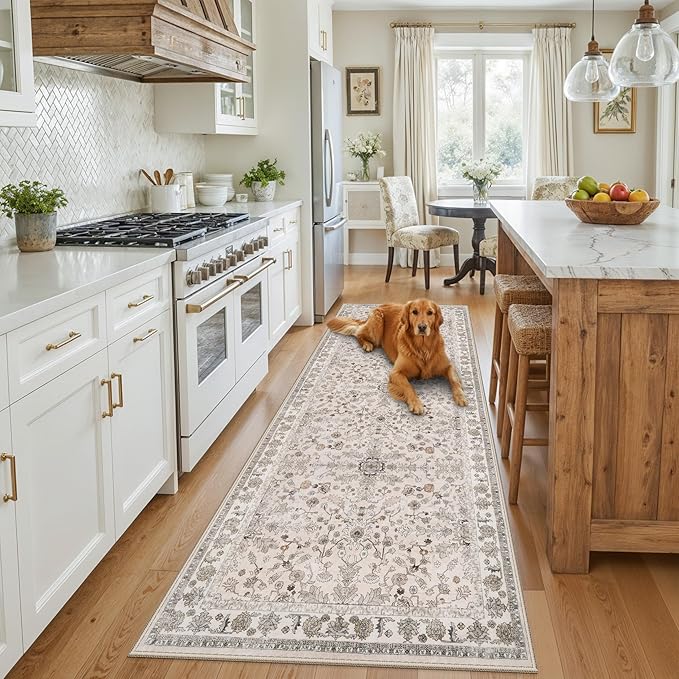 3x8 Hallway Runner Rug Washable Non-Slip – Boho Floral Soft Wide Carpet Runner for Kitchen Entryway Bathroom Bedroom – Low-Pile Thin Floor Mat with Rubber Backing (Beige,3x8)