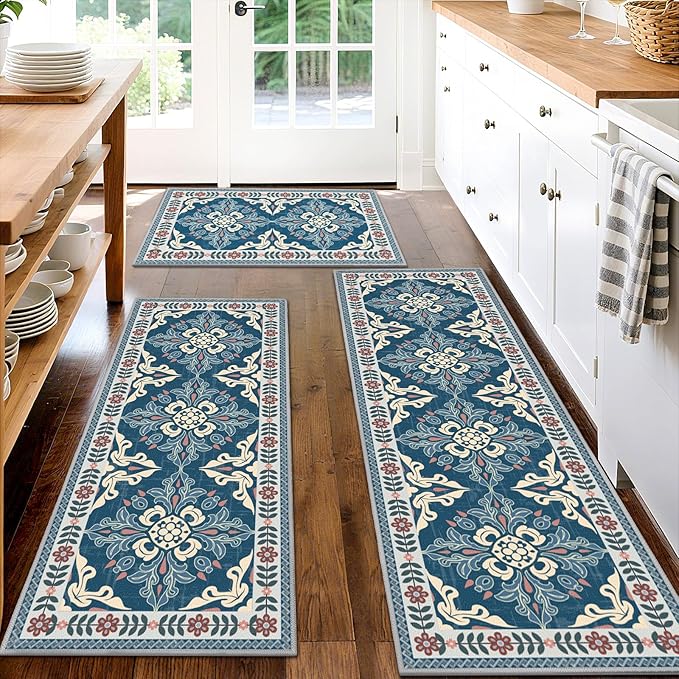 3-Piece Kitchen Rugs, Non-Slip & Washable Floor Mats, Water-Absorbent Area Pad, Standing Desk Mat for Office, Home, Doorway, Laundry, Kitchen Accessories (Retro Blue)