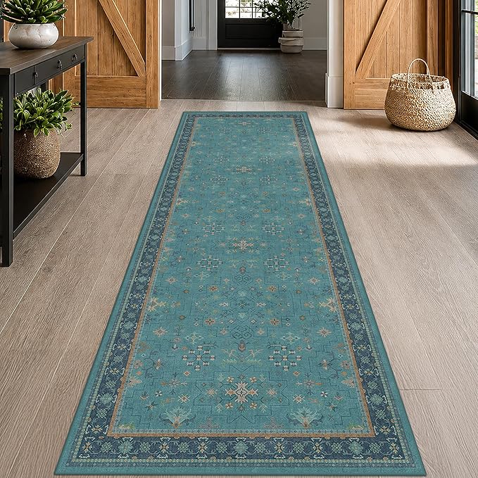 Hazo Haus Teal 10ft Long Hallway Runner Rug - 3 x 10 Runner Rug, Boho Washable 3x10 Kitchen Floor Mat - Vintage Eclectic Boho Design Décor