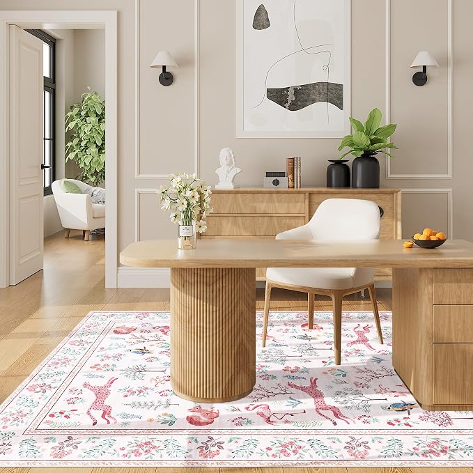 DUKINO 3x5 Rug, Washable Animal Area Rug with Non Slip Vintage Design, Indoor Soft Low Pile Carpet for Bedroom, Nursery, Dining Room, Farmhouse, Playroom, Pink