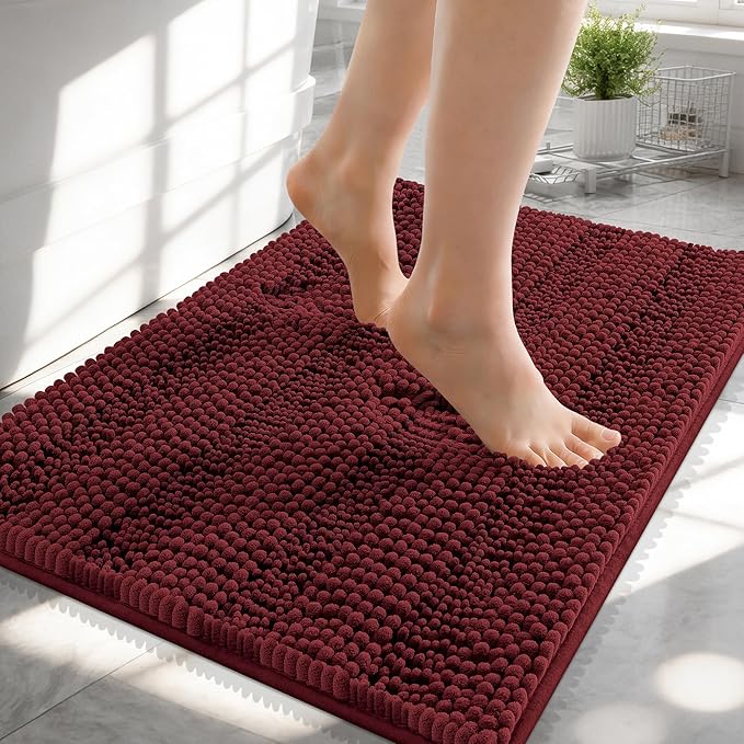 OLANLY Thick Small Bathroom Rugs 24x16, Extra Absorbent Chenille Striped Bath Rugs, Rubber Backing, Machine Wash, Bath Mats for Bathroom, Tub and Shower, Home Decor Accessories, Andorra Red-Brown
