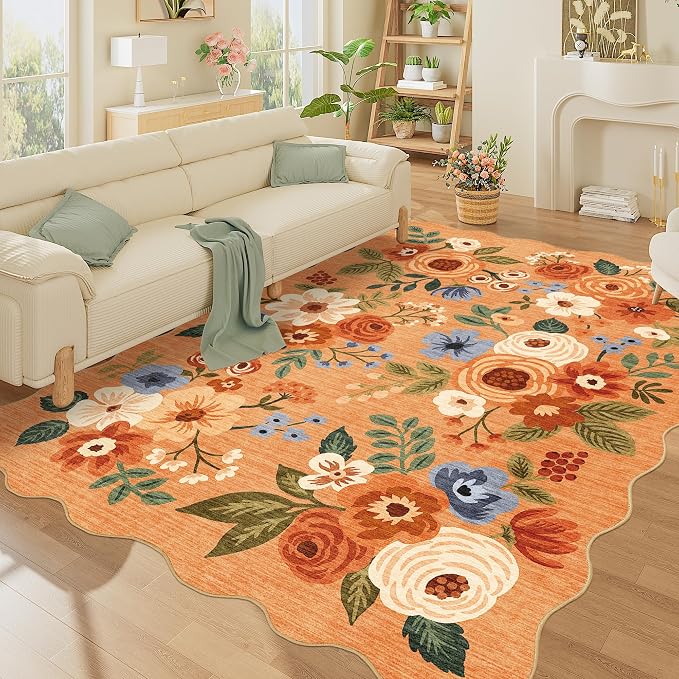 DUKINO 5x7 Area Rug, Floral Washable Rugs for Living Room with Non Slip Backing & Non-Shedding, Lightwight Low Pile Boho Design Large Carpets for Bedroom, Living Room, Dining Room, Orange