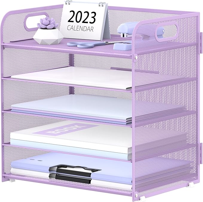 Supeasy 5 Trays Paper Organizer Letter Tray with Handle-Mesh Desk File Holders, Paper Sorter Desk Organizer for Office, Home, Classeoom or School, Purple