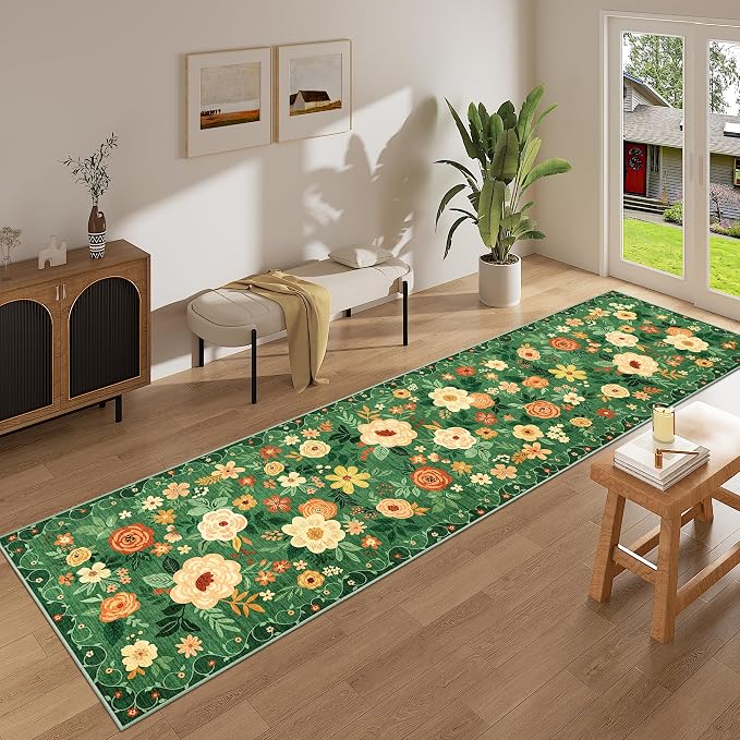 DUKINO Runner Rug for Hallway, 2.6x10 Washable Floral Long Kitchen Rug with Non Slip Backing, Lightweight & Stain Resistant Runners for Indoor Entrance, Laundry, Living Room, Bedroom, Dark Green