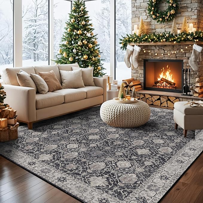 Washable 8x10 Living Room Rug: Vintage Low Pile Water Resistant Area Rug with Non-Slip Backing for Bedroom Dining Room Distressed Carpet for Nursery Indoor Soft Floor Mat for Home Office (8x10 Black)