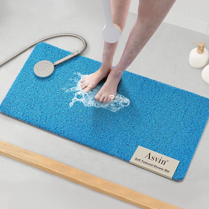 Asvin Soft Textured Bath, Shower, Tub Mat, 35x16 Inch, Phthalate Free, Non Slip Comfort Bathtub Mats with Drain, PVC Loofah Bathroom Mats for Wet Areas, Quick Drying