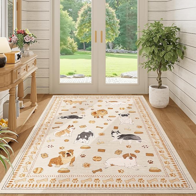 DUKINO 4x6 Area Rug, Non Slip Washable Rug for Living Room with Low Pile Design, Lightweight & Non Shedding Animal Dog Print Indoor Carpet for Bedroom, Dining Room, Kids Room, Office, Beige Yellow