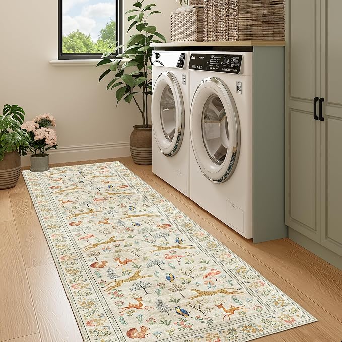 DUKINO Runner Rug, 2x7 Washable Kitchen Rugs for Hallways with Non Slip Backing, Soft Low Pile Vintage Animal Runner for Kitchen, Hallway, Entryway, Laundry, Bedroom, Beige