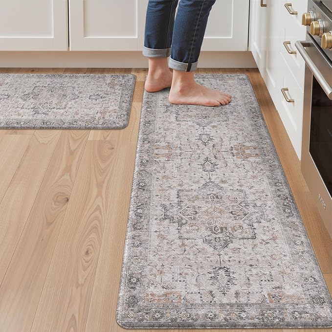 GENIMO Kitchen Mats for Floor 2PCs, Washable Anti Fatigue Mat for Cushioned, 17.3"x47"+17.3"x30", Waterproof Kitchen Rugs, Non Slip Comfort Standing Mat Rug for Home, Sink, Laundry, Soft Rose Taupe
