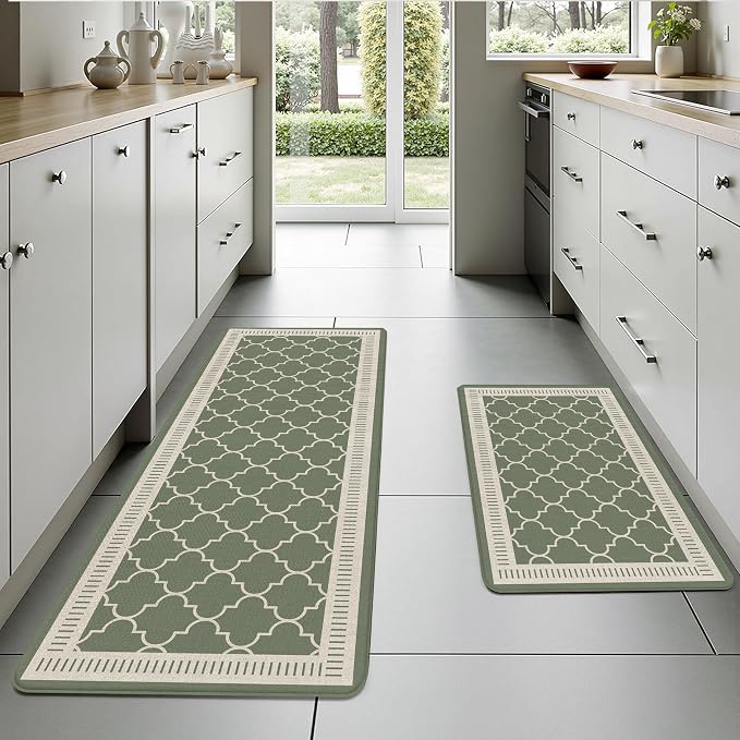 Sage Green Vintage Moroccan Grid Elegance Kitchen Rug Sets [2 PCs], Anti-Fatigue, Waterproof Non-Slip Kitchen Mats Heavy Duty Comfort Foam Rug for Kitchen, Floor, Laundry,17"x29"+17"x47"