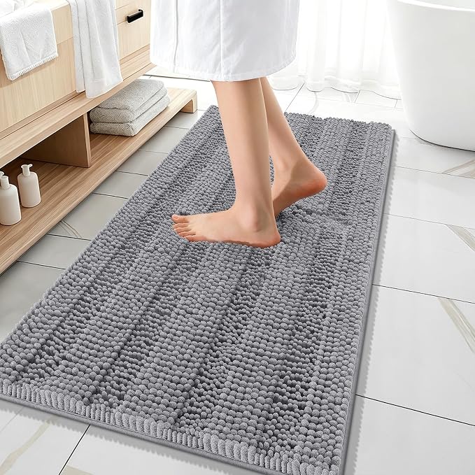 OLANLY Thick Bathroom Runner Rugs 47x20, Extra Absorbent Chenille Striped Bath Rugs, Rubber Backing, Machine Wash Dry, Long Bath Mats for Bathroom Floor, Tub and Shower, Home Decor Accessories, Grey