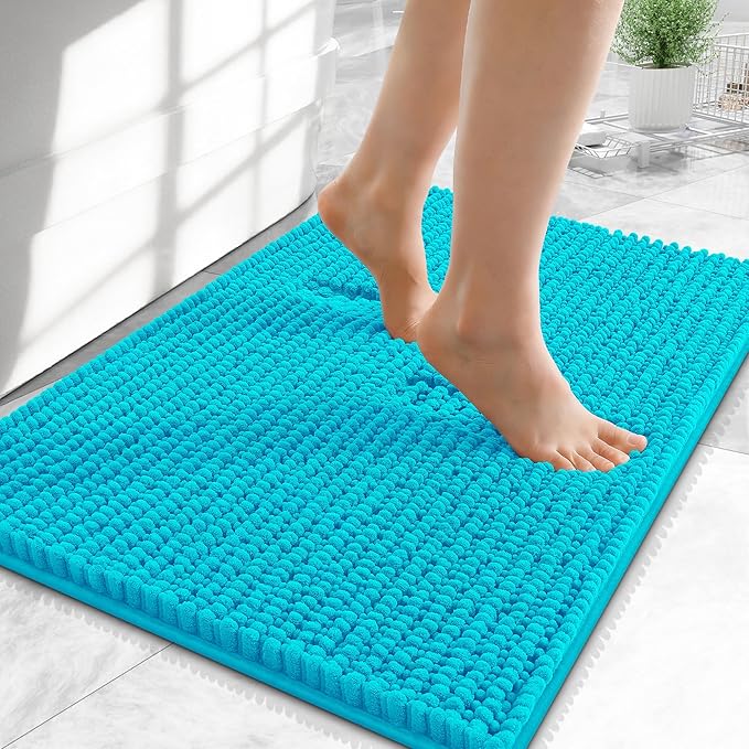OLANLY Thick Small Bathroom Rugs 24x16, Extra Soft Absorbent Chenille Bath Rugs, Rubber Backing, Machine Wash Dry, Bath Mats for Bathroom Floor, Tub and Shower, Home Decor Accessories, Aqua Sky