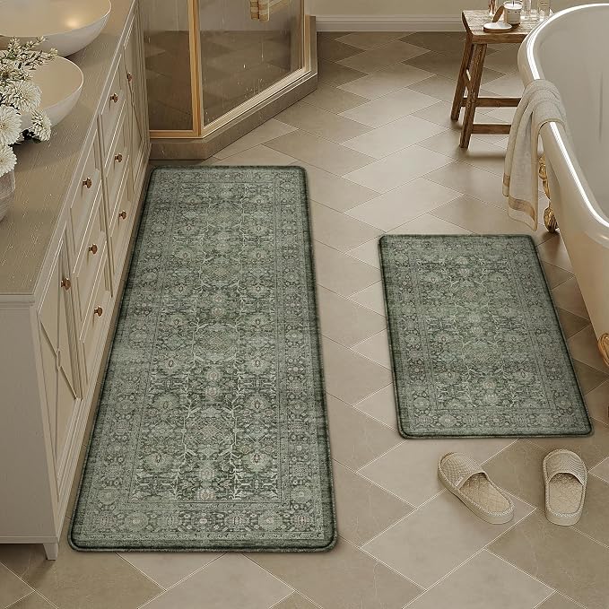 PureCozy Kitchen Mats 2PCS Anti Fatigue Cushioned Mat Green Vintage Kitchen Mats for Floor Waterproof Non Slip Comfort Standing Distressed Rug for Sink Laundry Office 17.3"x47"+17.3"x30"