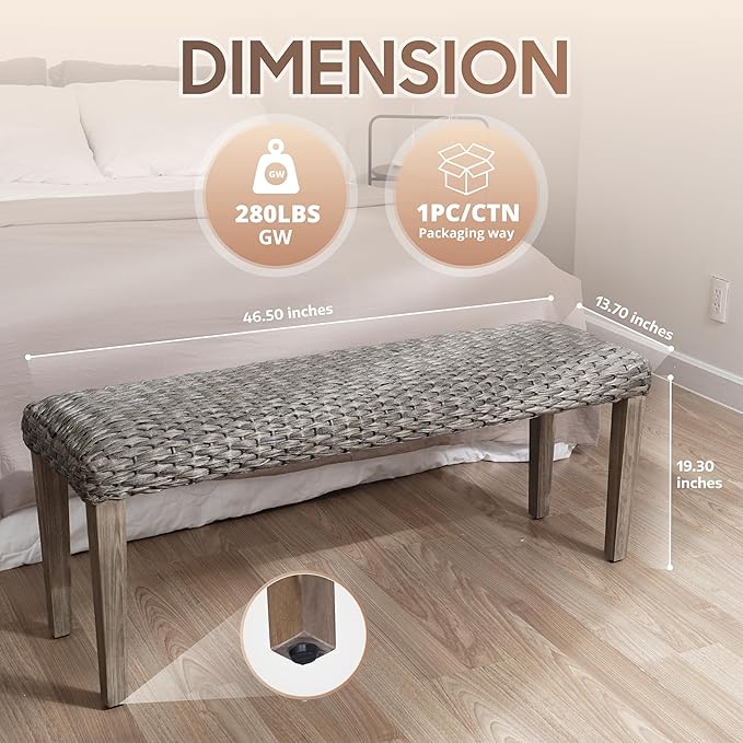 Outdoor Rattan Backless Bench, All-Weather Wicker & Solid Acacia Wood, Upholstered Premium Garden Bench with Woven Rattan Seat and Thick Outdoor Cushion for Patio, Porch, Living Room or Entryway