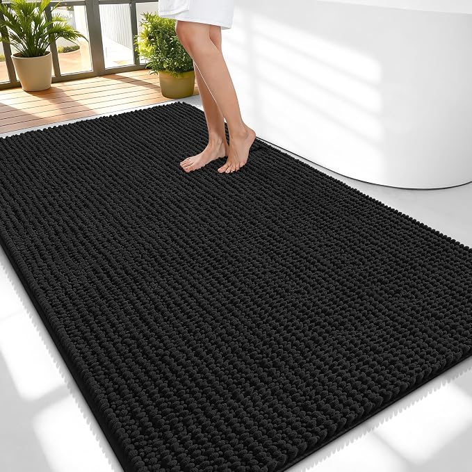OLANLY Thick Large Bathroom Rugs 59x35, Extra Soft Absorbent Chenille Bath Rugs, Rubber Backing, Machine Wash Dry, Bath Mats for Bathroom Floor, Tub and Shower, Home Decor Accessories, Black