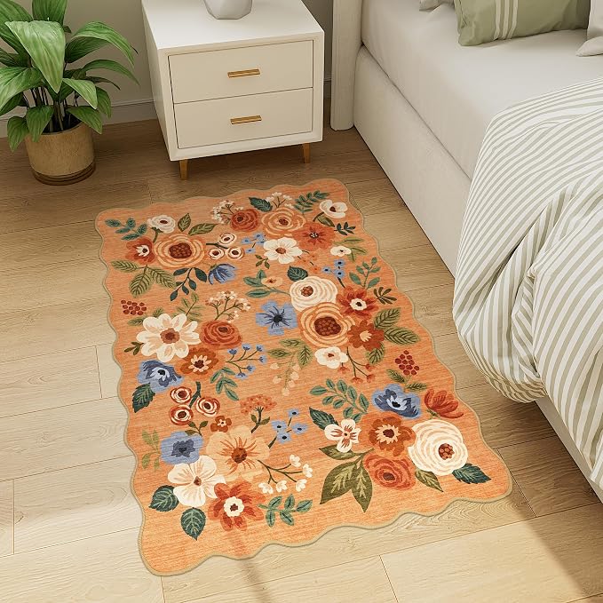 DUKINO 2x3 Entryway Rug, Floral Washable Indoor Door Mat with Non-Slip Backing, Soft Low Pile Small Front Door Throw Rugs for Entryway, Kitchen, Bedroom, Laundry, Bathroom, Orange