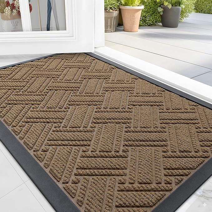 OLANLY Indoor Outdoor Mat, Sturdy Natural Rubber Floor Mat, Non Slip Low Profile Waterproof Doormat, and Stain Front Door Mats, Easy Clean Patio Entrance Mat, 36''x24'', Light Brown