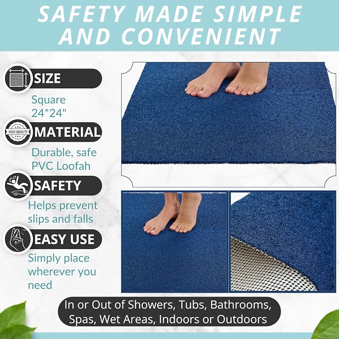 Enkosi Loofah Shower Mat Non-Slip - Anti-Slip Bath Mat for Inside Showers, Tub, Bathtub, Bathroom - Quick Dry PVC with Drain Holes - Cushioned Safety Grip - Secure for Kids and Elderly (Navy 24x24)