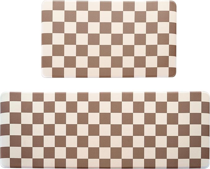 Beige Khaki Checkered Grid Checkerboard Kitchen Rug Sets [2 PCs], Anti-Fatigue, Waterproof Non-Slip Kitchen Mats Heavy Duty Ergonomic Comfort Foam Rug for Floor, Home,17"x29"+17"x47"
