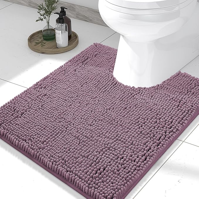 Smiry Luxury Chenille Toilet Rugs U-Shaped 24x20, Soft Absorbent Non-Slip Contour Bathroom Rugs for Toilet, Machine Washable Contoured Bath Mats, Deep Plum