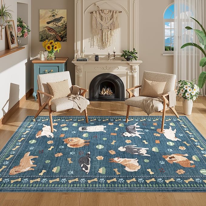 DUKINO 4x6 Area Rug, Non Slip Washable Rug for Living Room with Low Pile Design, Lightweight & Non Shedding Animal Dog Print Indoor Soft Carpet for Bedroom, Dining Room, Kids Room, Office, Blue