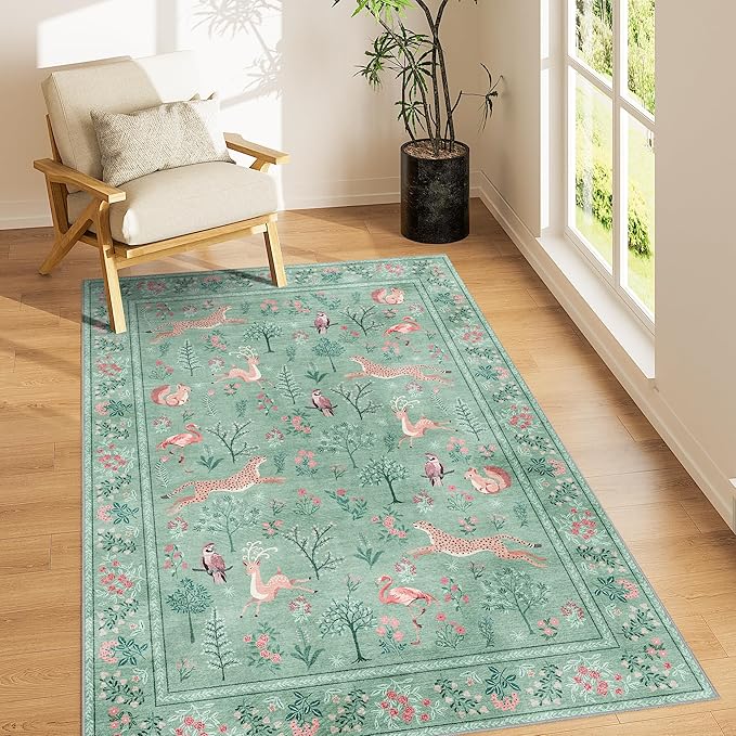 DUKINO 4x6 Rug, Washable Animal Area Rug with Non Slip Vintage Design, Indoor Soft Low Pile Carpet for Bedroom, Nursery, Dining Room, Farmhouse, Playroom, Teal