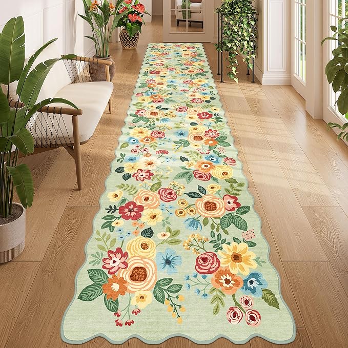 DUKINO Washable 2.6x12 Runner Rug for Hallway, Non Slip Floral Washable Kitchen Rug with Low Pile Design, Boho Stain Resistant Floor Carpet Runner for Entryway, Bathroom, Laundry, Bedroom, Green