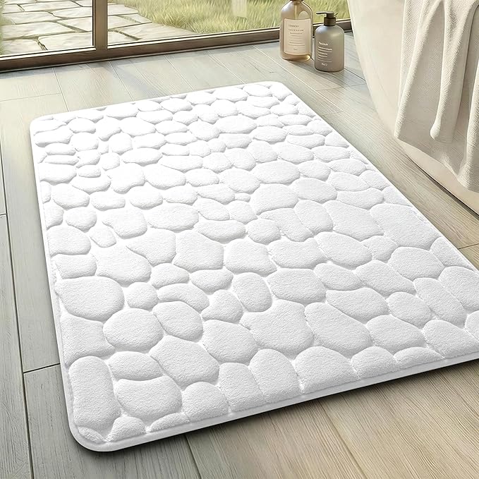 YIHOUSE Memory Foam Bath Mat Cobblestone Bathroom Rugs Super Water Absorbent Bath Mats for Bathroom Machine Washable Bath Rugs(17 x 24,White)