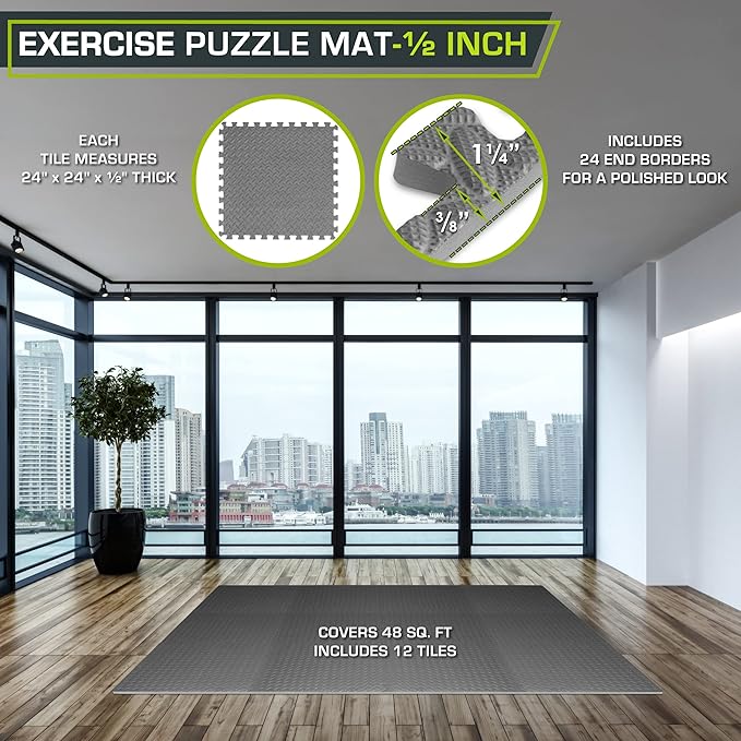 ProsourceFit Exercise Puzzle Mat ½-inch, EVA Interlocking Foam Floor Tiles for Home Gym, Workout Equipment, Kids Play Areas, Grey, 48 SQ FT - 12 Tiles