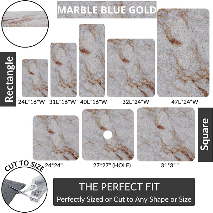 ENKOSI Loofah Non-Slip Shower and Bath Mat - Soft Cushioned Comfort - No Suction Cups for Smooth or Textured Tubs - Fast Draining - Safety for Bathroom, Family and Elderly (24x16 Marble Blue Gold)