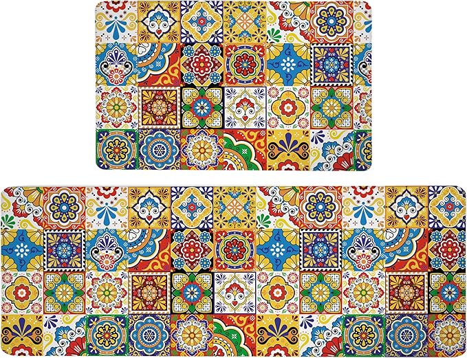 Boho Kitchen Rugs Set 2 Memory Foam Colorful Ceramic Comfort Tile Floor Mat Anti Fatigue Non-Skid PVC Runner Rug Water & Oil Proof Carpet for Kitchen Laundry Sink,17.3x28+17.3x47 Inch, C2