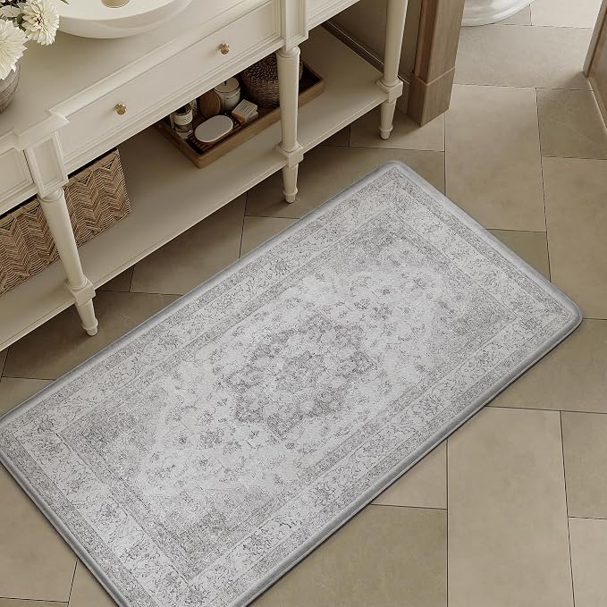 PureCozy Kitchen Mats 2PCS Anti Fatigue Cushioned Mat Gray Vintage Kitchen Mats for Floor Waterproof Non Slip Comfort Standing Oriental Medallion Grey Rug for Sink Laundry Office 17.3"x59"+17.3"x30"