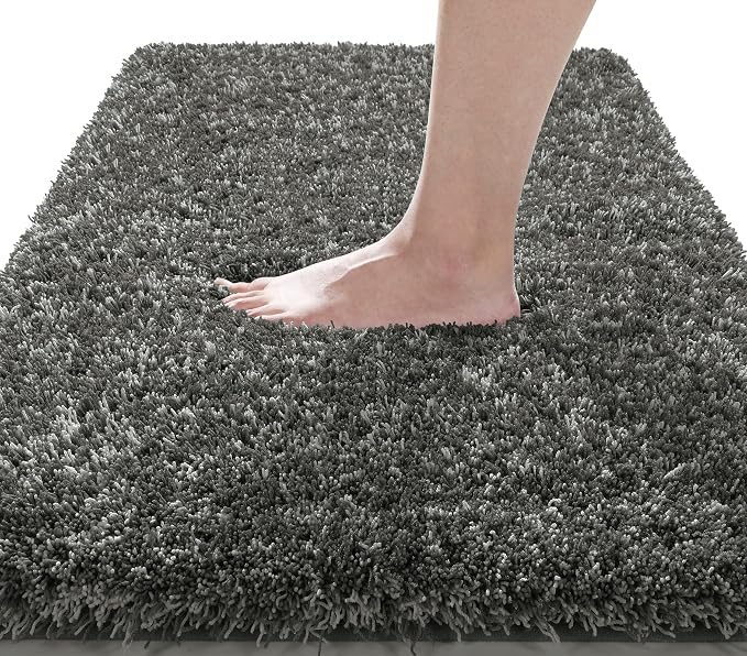 Yimobra Luxury Bathroom Rugs, Fluffy Bath Mats, Non Slip, Water Absorbent Microfiber, Machine Washable, Plush Runner Shower Rug, Thick Mat for Bathroom Floor/Tub, 60" X 24", Light Gray and Black Gray