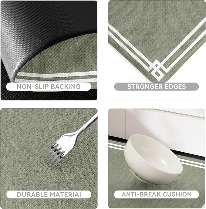 Sage Green Retro Elegance Frame Textured Kitchen Rug Sets [2 PCs], Anti-Fatigue, Waterproof Non-Slip Kitchen Mats Heavy Duty Comfort Foam Rug for Kitchen, Floor, Laundry,17"x29"+17"x47"