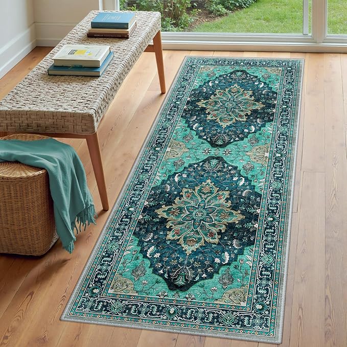 RELEANY Area Rugs Runner 3'x8' Washable Non-Slip, Floral Vintage Distress Medallion Carpet for Kitchen Hallway Bedroom Beside Laundry Room Bathroom, Teal Green Lake Blue Turquoise