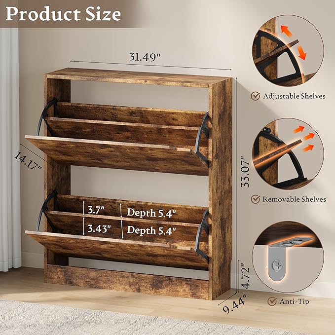 BORNOON Shoe Cabinet with 2 Flip Drawers, Slim Narrow Shoe Storage Cabinet, Freestanding Shoe Organizer with Adjustable & Removable Shelves, Top Display Shelf for Entryway, Hallway, Foyer, Closet