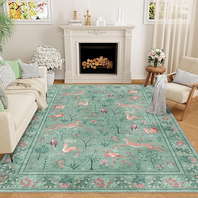 DUKINO 6x9 Rug, Washable Animal Living Room Rug with Non Slip Vintage Design, Soft Low Pile Large Carpet for Bedroom, Nursery, Dining Room, Farmhouse, Playroom, Teal
