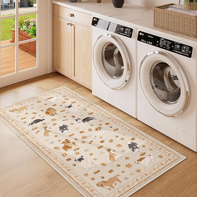 DUKINO 2x4 Runner Rug for Entryway, Animal Dog Print Washable Kitchen Rug with Non Slip, Low Pile Indoor Door Mat Non Shedding Small Carpet Runner for Hallway, Bathroom, Laundry, Bedroom, Beige Yellow