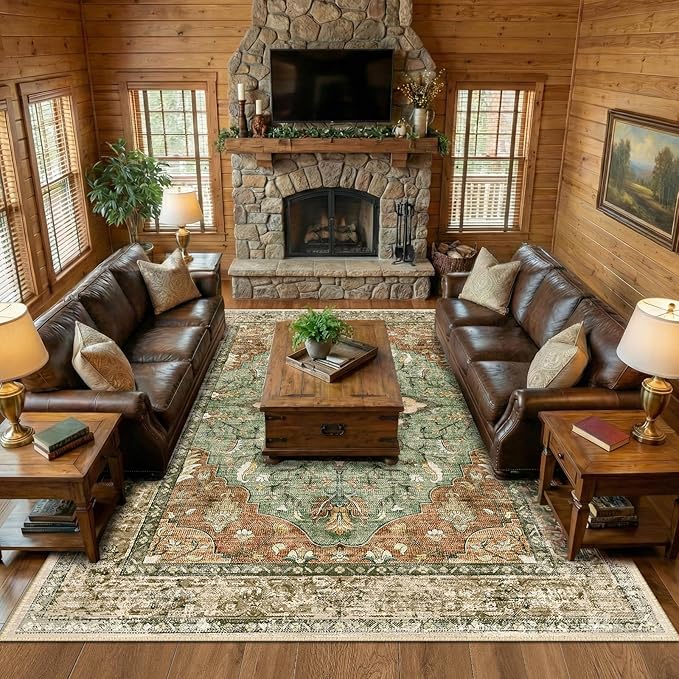 RELEANY Area Rugs Large 10'x12' Washable Non-Slip, Floral Vintage Distress Medallion Carpet for Living Room Bedroom Dining Room, Terracotta Burnt Orange Green