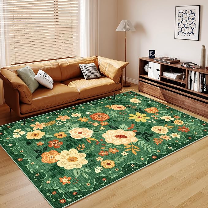 DUKINO 5x7 Area Rug, Floral Rugs for Living Room, Lightweight Non Slip Washable Rug, Indoor Low Pile & Non-Shedding Boho Design Rugs for Bedroom, Playroom, Dining Room, Dark Green