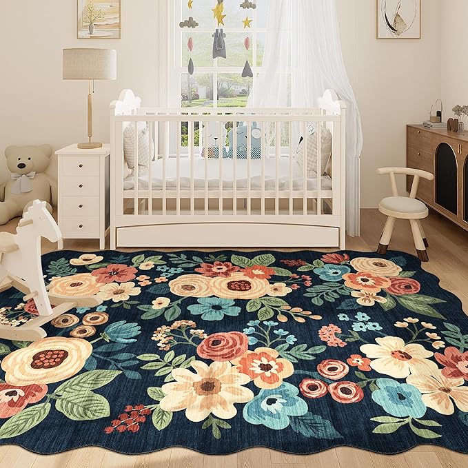 DUKINO 5x7 Area Rug, Floral Washable Rugs for Living Room with Non Slip Backing & Non-Shedding, Lightwight Low Pile Boho Design Large Carpets for Bedroom, Living Room, Dining Room, Navy Blue