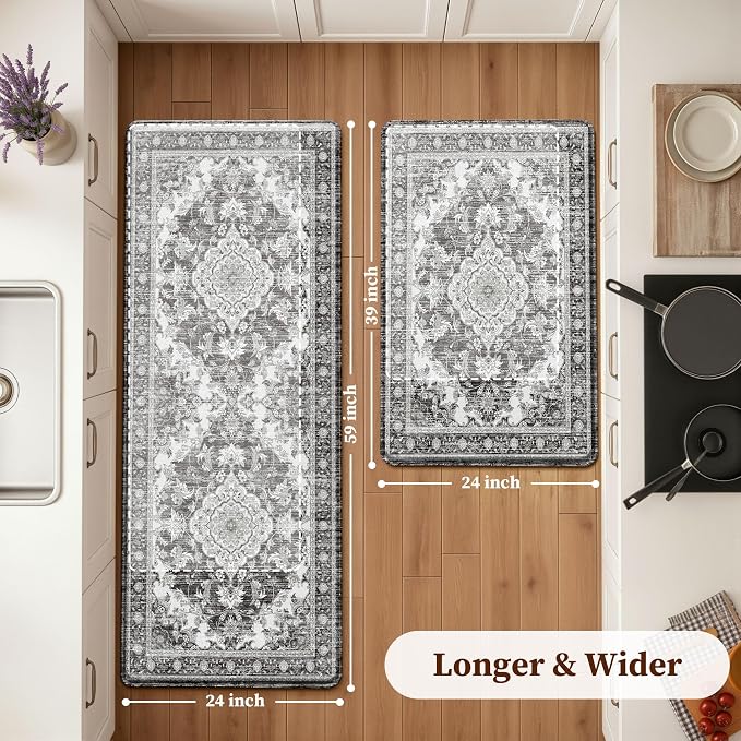 Boho Kitchen Mats for Floor 2 Piece Set Anti Fatigue Cushioned PVC Kitchen Rugs Non Slip Waterproof Farmhouse Mats 2/5 Inch Comfort Standing Mat for Sink, Laundry, 23.6"x39"+23.6"x59",D4