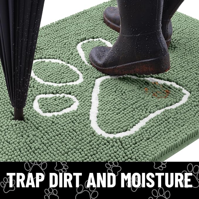 Smiry Dog Door Mat for Muddy Paws, Absorbent Dirt Trapper Non Slip Quick Dry Washable Chenille Mat for Mud Dogs, Entry Rug for Indoor and Outdoor (24x16 Inches, Olive Green and White)