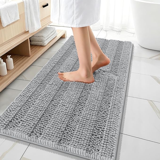 OLANLY Thick Bathroom Runner Rugs 47x20, Extra Absorbent Chenille Striped Bath Rugs, Rubber Backing, Machine Wash Dry, Long Bath Mats for Bathroom, Tub and Shower, Home Decor Accessories, Light Grey