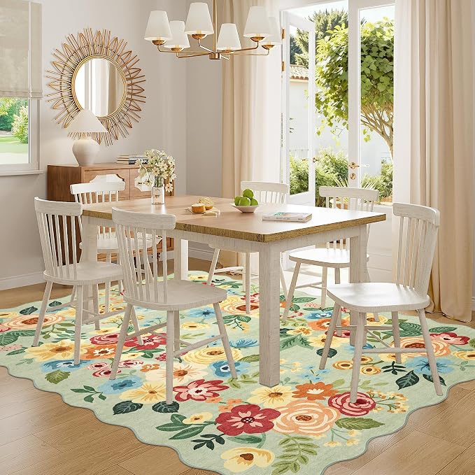 DUKINO 6x9 Area Rug, Floral Washable Rugs for Living Room with Non Slip Backing & Non-Shedding, Lightwight Low Pile Boho Design Large Carpets for Bedroom, Living Room, Dining Room, Green