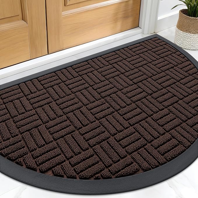 OLANLY Half Circle Door Mat Outside Entrance 29.5x17, Absorbent, Heavy Duty Sturdy Natural Rubber Doormat Indoor Outdoor, Fade Resistant, Non-Slip Backing Low Profile Floor Mat for Entryway, Brown
