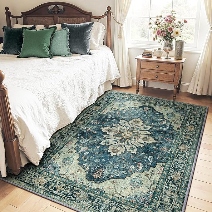 RELEANY Area Rugs 4'x6' Washable Non-Slip, Floral Vintage Distress Medallion Carpet for Living Room Bedroom Dining Room, Dark Blue Vintage