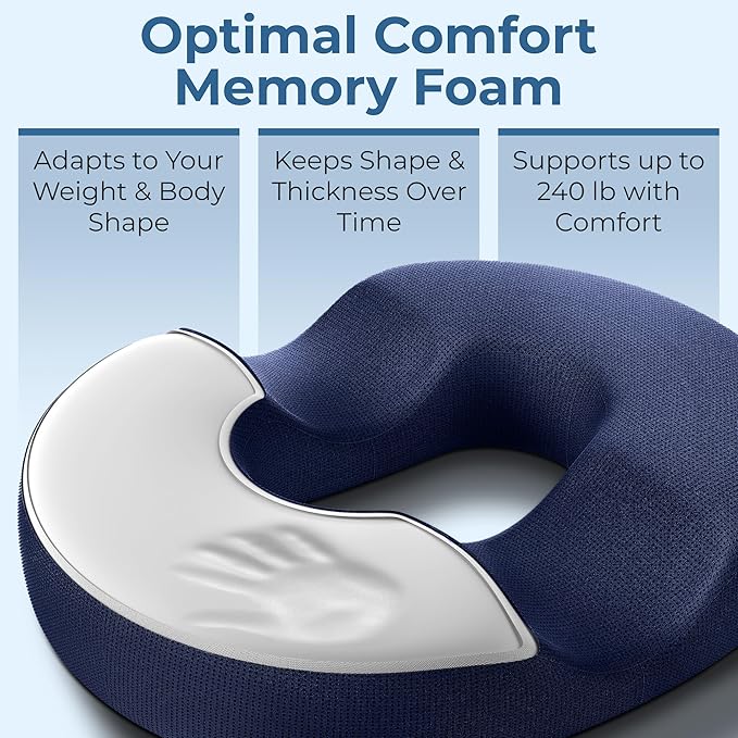 5 STARS UNITED Donut Pillow for Tailbone Pain & Hemorrhoids – Large Memory Foam Seat Cushion for Bed Sore-Prone Areas & Pressure Relief – Prostate, Postpartum & Pregnancy Support, Blue Mesh Cover