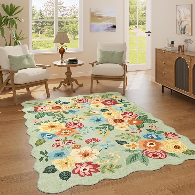 DUKINO 4x6 Area Rug, Floral Non-Slip Indoor Washable Rug with Low Pile & Non-Shedding, Lightwight Boho Design Carpet for Entryway, Bedroom, Kids Room, Living Room, Kitchen, Green