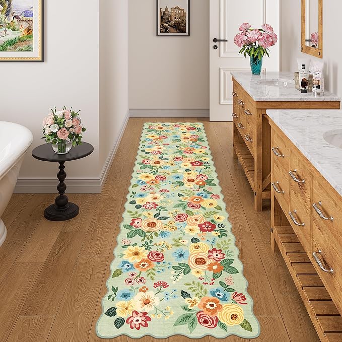 DUKINO 2x8 Washable Runner Rug, Lightweight Soft Floral Hallway Rug Runner with Low Pile Design, Non Shedding & Non Slip Backing Thin Indoor Carpet for Bedroom, Bathroom, Entrance, Kitchen, Green